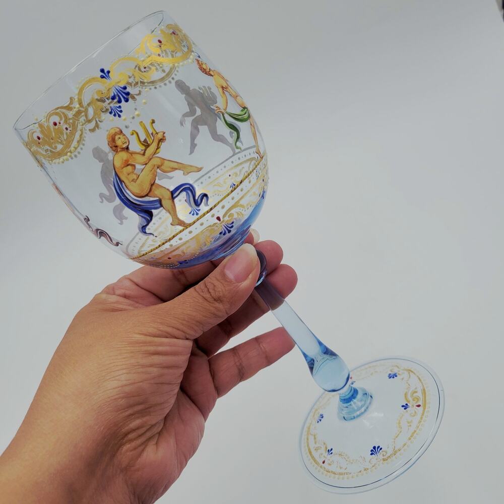 Antique Venetian Salviati Blue Enamel Mythology Wine Glass Hand Painted
